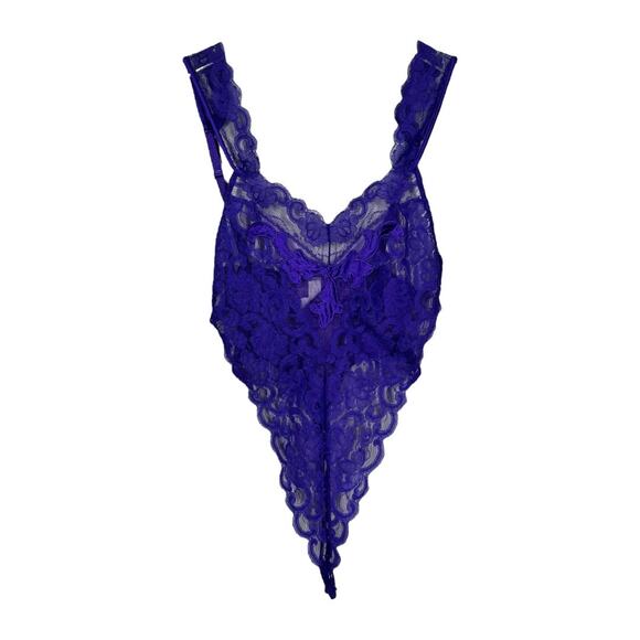 Victoria's Secret Other - Vintage Victoria's Secret Purple Lace Teddy P XS Sheer High Cut Leg Bodysuit